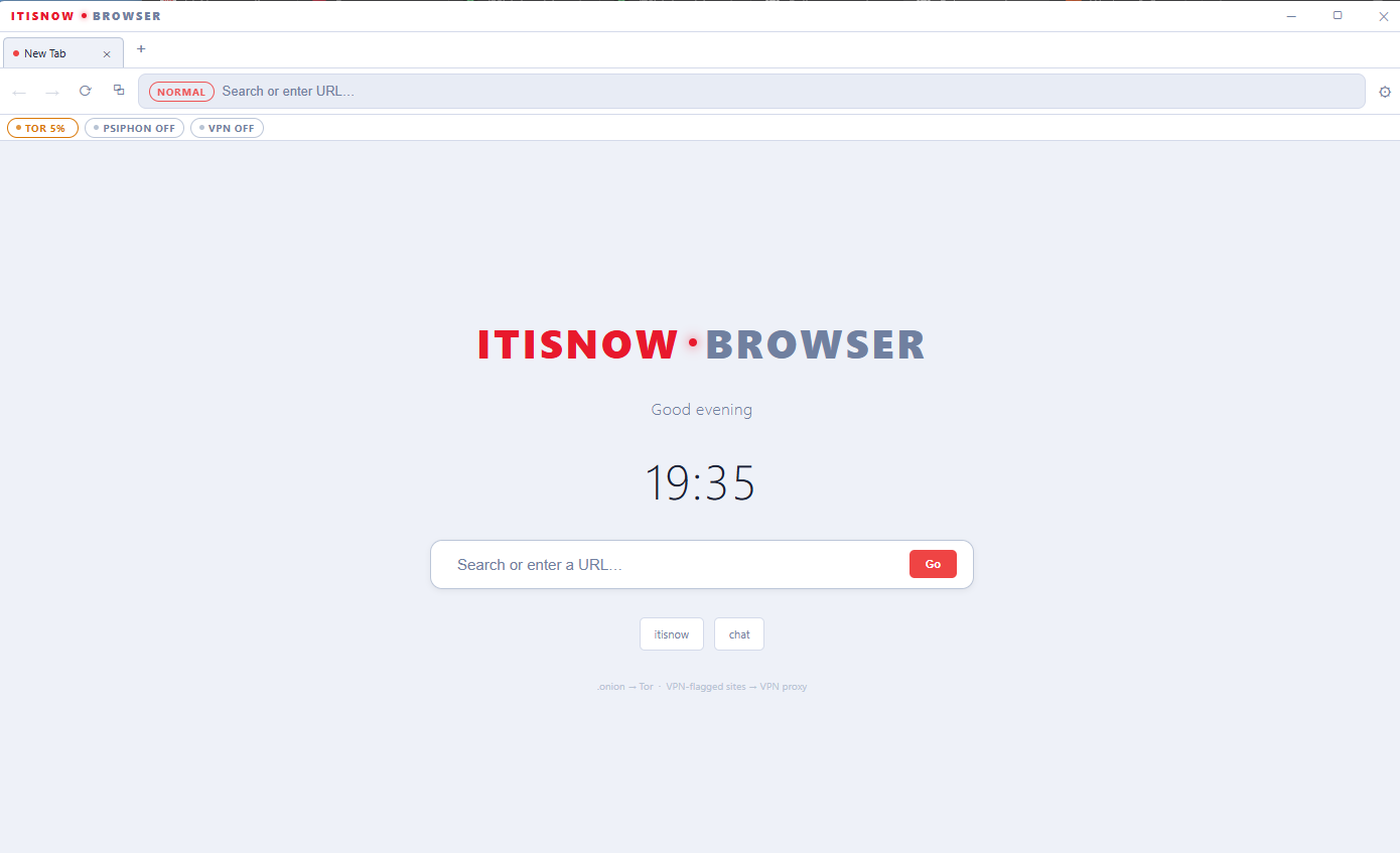 ItIsNow Browser new-tab page with address bar, Tor and proxy status, greeting, and quick links