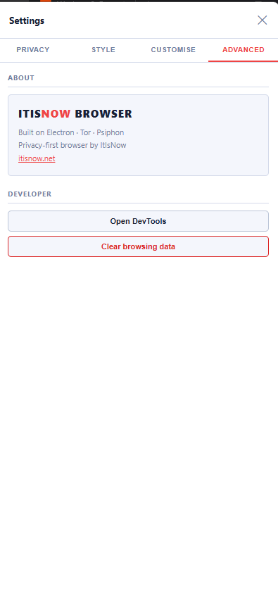 Advanced settings with browser information and developer actions
