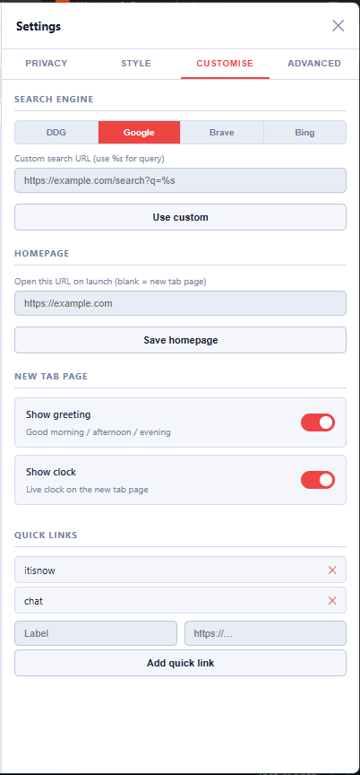 Customise settings for search engine, homepage, new-tab options, and quick links
