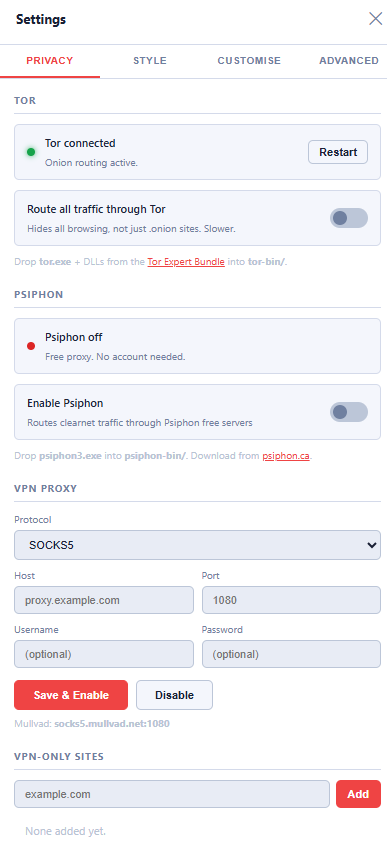 Privacy settings for Tor, Psiphon, and VPN proxy routing