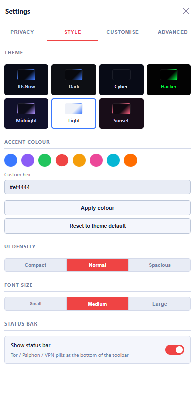 Appearance settings for themes, accent colour, density, font size, and status bar